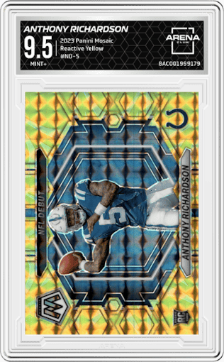 Anthony Richardson  from the 2023 Panini Mosaic set featuring a Reactive Yellow parallel graded by Arena Club and given an overall grade of 9.5.