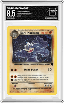 Dark Machamp from the 2000 Pokemon set graded by Arena Club and given an overall grade of 8.5.