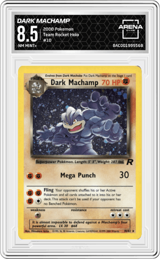 Dark Machamp from the 2000 Pokemon set graded by Arena Club and given an overall grade of 8.5.