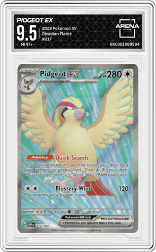 Pidgeot ex from the 2023 Pokemon SV set graded by Arena Club and given an overall grade of 9.5.