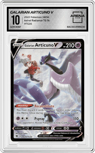 Galarian Articuno V from the 2022 Pokemon SWSH set graded by Arena Club and given an overall grade of 10.