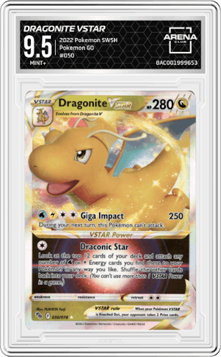 Dragonite VSTAR from the 2022 Pokemon SWSH set graded by Arena Club and given an overall grade of 9.5.