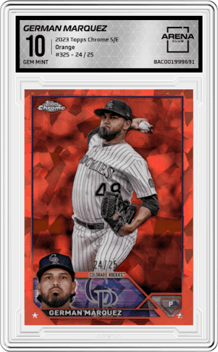  German Marquez from the 2023 Topps Chrome Sapphire set featuring a Orange  parallel graded by Arena Club and given an overall grade of 10.