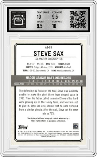Steve Sax from the 2019 Topps Archives Snapshots set graded by Arena Club and given an overall grade of 10.