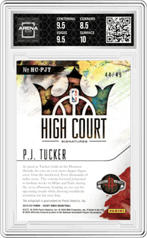 P.J. Tucker from the 2019-20 Panini Court Kings set featuring a Citrine parallel graded by Arena Club and given an overall grade of 9.