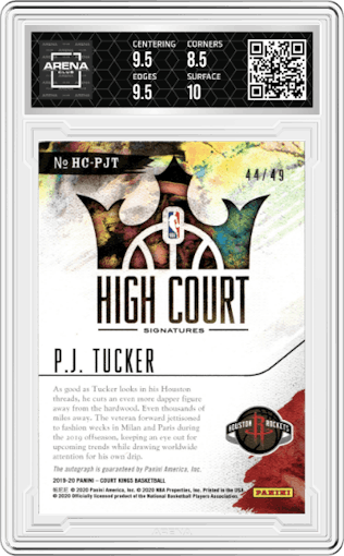 P.J. Tucker from the 2019-20 Panini Court Kings set featuring a Citrine parallel graded by Arena Club and given an overall grade of 9.