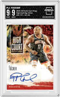 P.J. Tucker from the 2019-20 Panini Court Kings set featuring a Citrine parallel graded by Arena Club and given an overall grade of 9.