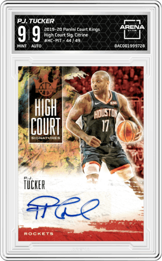 P.J. Tucker from the 2019-20 Panini Court Kings set featuring a Citrine parallel graded by Arena Club and given an overall grade of 9.