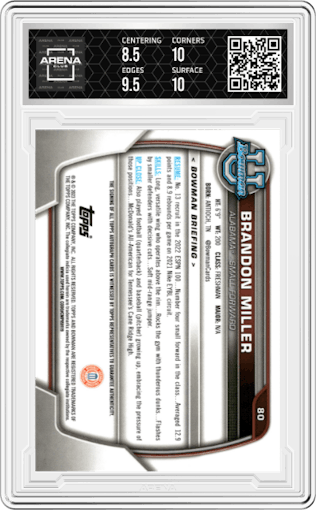 Brandon Miller from the 2022-23 Bowman University Chrome set graded by Arena Club and given an overall grade of 9.