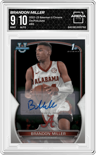Brandon Miller from the 2022-23 Bowman University Chrome set graded by Arena Club and given an overall grade of 9.