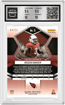Budda Baker from the 2022 Panini Mosaic set featuring a Green Swirl parallel graded by Arena Club and given an overall grade of 10.
