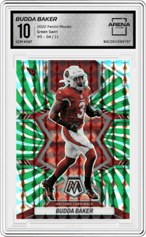 Budda Baker from the 2022 Panini Mosaic set featuring a Green Swirl parallel graded by Arena Club and given an overall grade of 10.