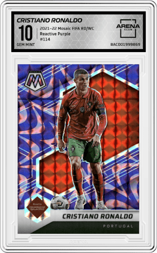 Cristiano Ronaldo from the 2021-22 Panini Mosaic Road to FIFA World Cup set featuring a Reactive Purple parallel graded by Arena Club and given an overall grade of 10.