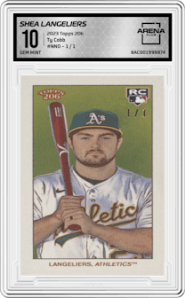 Shea Langeliers from the 2023 Topps 206 set featuring a Ty Cobb parallel graded by Arena Club and given an overall grade of 10.
