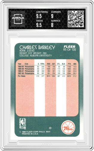 Charles Barkley from the 1988-89 Fleer set graded by Arena Club and given an overall grade of 8.5.