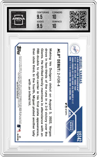 Miguel Vargas from the 2023 Topps Update set graded by Arena Club and given an overall grade of 10.