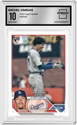 Miguel Vargas from the 2023 Topps Update set graded by Arena Club and given an overall grade of 10.