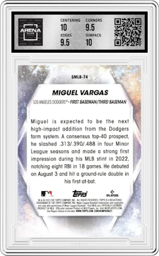 Miguel Vargas from the 2023 Topps Update set graded by Arena Club and given an overall grade of 10.