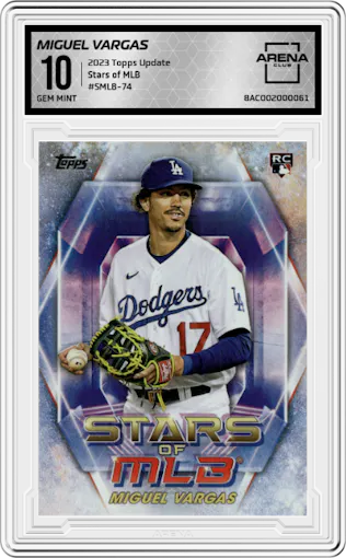 Miguel Vargas from the 2023 Topps Update set graded by Arena Club and given an overall grade of 10.