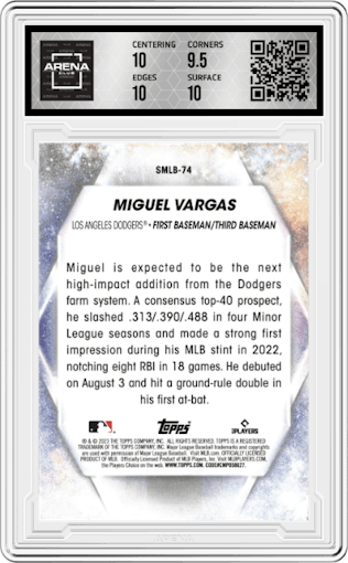 Miguel Vargas from the 2023 Topps Update set graded by Arena Club and given an overall grade of 10.