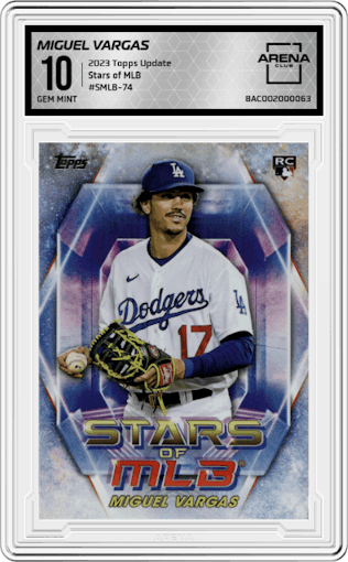 Miguel Vargas from the 2023 Topps Update set graded by Arena Club and given an overall grade of 10.