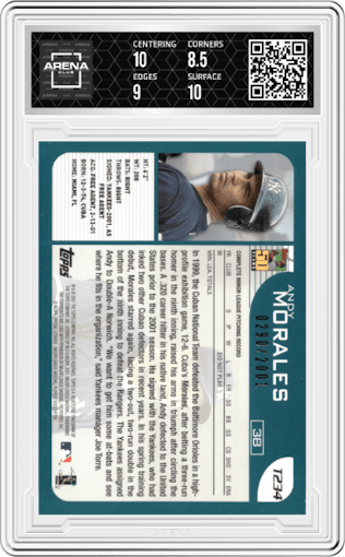 Andy Morales from the 2001 Topps Traded  set featuring a Gold parallel graded by Arena Club and given an overall grade of 9.