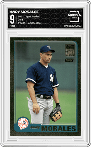 Andy Morales from the 2001 Topps Traded  set featuring a Gold parallel graded by Arena Club and given an overall grade of 9.