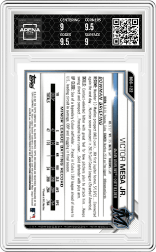 Victor Mesa Jr. from the 2021 Bowman Draft set graded by Arena Club and given an overall grade of 9.5.