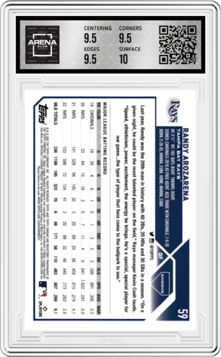 Randy Arozarena from the 2023 Topps Chrome set graded by Arena Club and given an overall grade of 10.