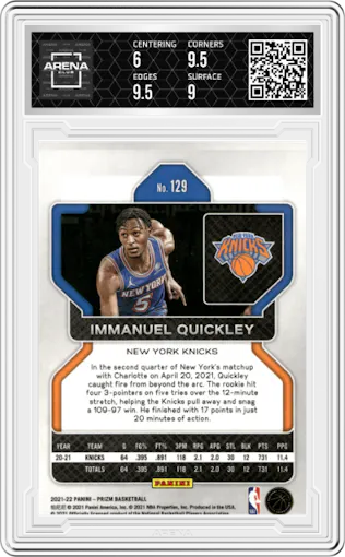 Immanuel Quickley from the 2021-22 Panini Prizm  set graded by Arena Club and given an overall grade of 6.5.