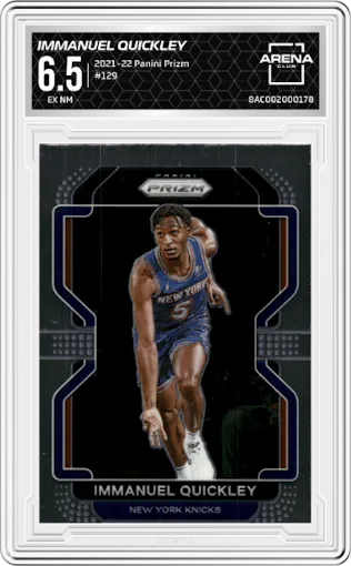 Immanuel Quickley from the 2021-22 Panini Prizm  set graded by Arena Club and given an overall grade of 6.5.