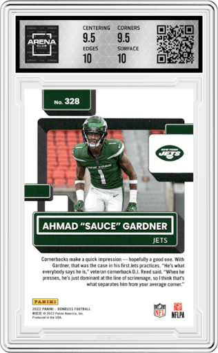 Ahmad "Sauce" Gardner from the 2022 Panini Donruss set graded by Arena Club and given an overall grade of 10.