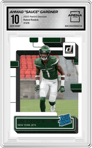 Ahmad "Sauce" Gardner from the 2022 Panini Donruss set graded by Arena Club and given an overall grade of 10.