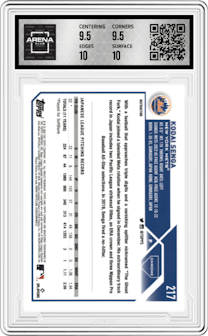Kodai Senga from the 2023 Topps Chrome set featuring a Refractor parallel graded by Arena Club and given an overall grade of 10.