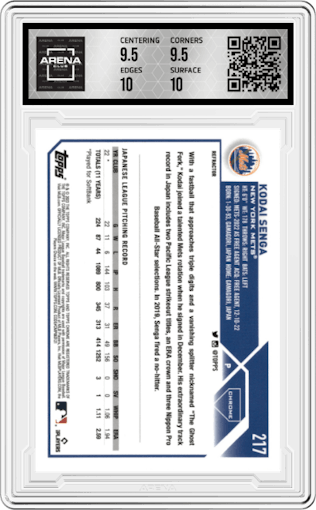 Kodai Senga from the 2023 Topps Chrome set featuring a Refractor parallel graded by Arena Club and given an overall grade of 10.