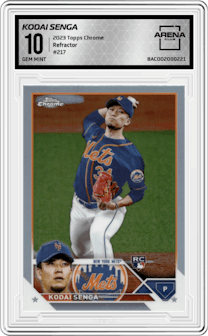 Kodai Senga from the 2023 Topps Chrome set featuring a Refractor parallel graded by Arena Club and given an overall grade of 10.