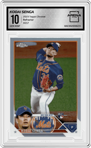 Kodai Senga from the 2023 Topps Chrome set featuring a Refractor parallel graded by Arena Club and given an overall grade of 10.