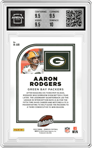 Aaron Rodgers from the 2022 Panini Donruss set graded by Arena Club and given an overall grade of 10.