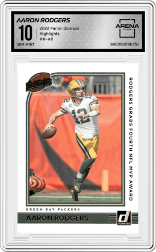 Aaron Rodgers from the 2022 Panini Donruss set graded by Arena Club and given an overall grade of 10.