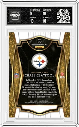 Chase Claypool from the 2020 Panini Select set graded by Arena Club and given an overall grade of 9.5.