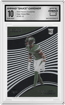 Ahmad "Sauce" Gardner from the 2022 Panini Chronicles set graded by Arena Club and given an overall grade of 10.