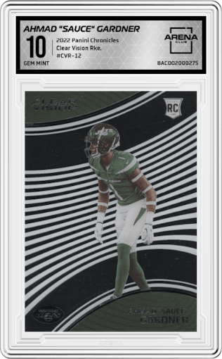 Ahmad "Sauce" Gardner from the 2022 Panini Chronicles set graded by Arena Club and given an overall grade of 10.