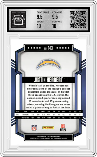 Justin Herbert from the 2023 Panini Score set featuring a Ellipse parallel graded by Arena Club and given an overall grade of 10.