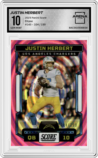 Justin Herbert from the 2023 Panini Score set featuring a Ellipse parallel graded by Arena Club and given an overall grade of 10.