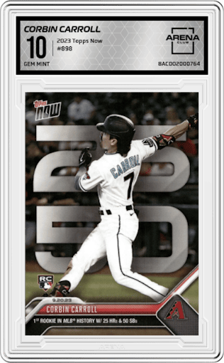 Corbin Carroll from the 2023 Topps Now set graded by Arena Club and given an overall grade of 10.