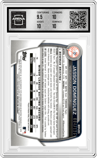 Jasson Dominguez from the 2023 Bowman Chrome set featuring a Aqua and Pink Vapor Refractor parallel graded by Arena Club and given an overall grade of 10.