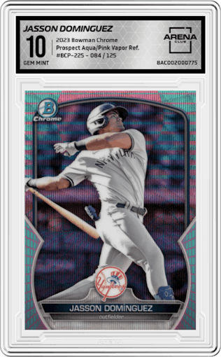 Jasson Dominguez from the 2023 Bowman Chrome set featuring a Aqua and Pink Vapor Refractor parallel graded by Arena Club and given an overall grade of 10.