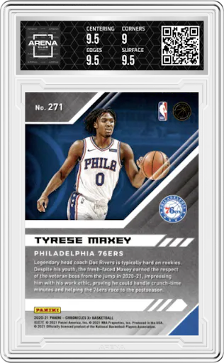 Tyrese Maxey from the 2020-21 Panini Chronicles set featuring a Bronze parallel graded by Arena Club and given an overall grade of 9.5.