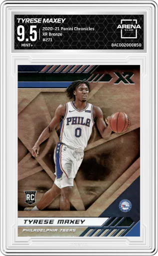 Tyrese Maxey from the 2020-21 Panini Chronicles set featuring a Bronze parallel graded by Arena Club and given an overall grade of 9.5.