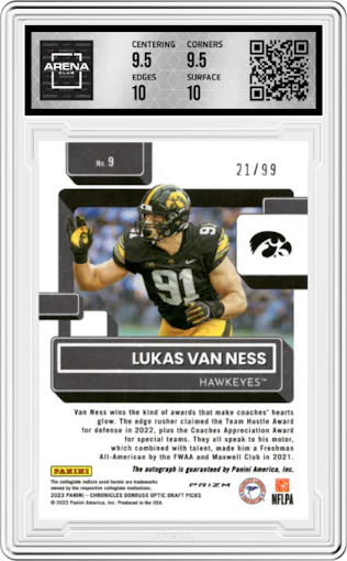 Lukas Van Ness from the 2023 Panini Chronicles Draft Picks set graded by Arena Club and given an overall grade of 10.